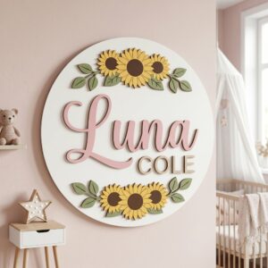 Personalized Wooden Name Sign For Nursery, Baby Shower Gifts, Newborn Keepsake, Custom Sunflower Bloom Wood Wall Decor For Baby Girl Nursery, Wall Art