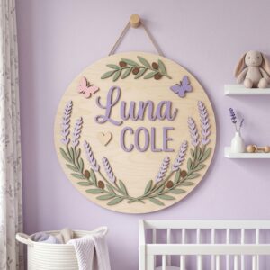 Personalized Wooden Name Sign For Nursery, Baby Shower Gifts, Newborn Keepsake, Lavender Butterfly Floral Wall Decor Baby Girl Room Custom Plaque Gift