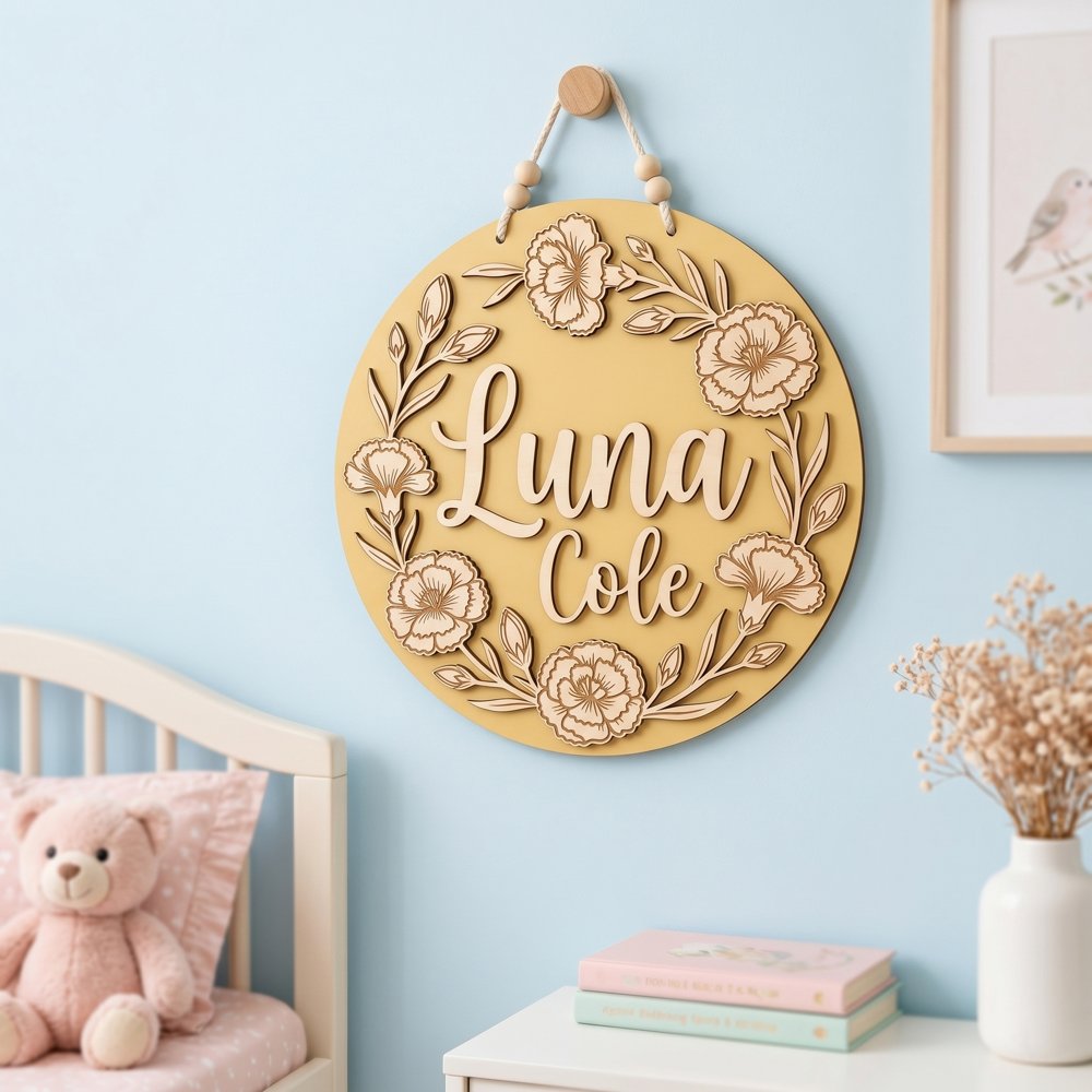 Personalized Wooden Name Sign For Nursery, Custom Carnation Floral Wood Wall Decor For Kids Room, Baby Shower Gifts, Newborn Keepsake