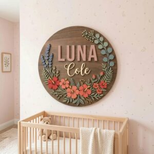 Personalized Wooden Name Sign For Nursery, Baby Shower Gifts, Newborn Keepsake, Custom Hibiscus Eucalyptus, Wood Wall Decor For Baby Girl Nursery