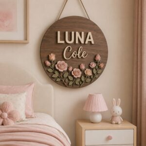 Personalized Wooden Name Sign For Nursery, Custom Blush Rose Wood Wall Decor For Kids Room, Baby Shower Gifts, Newborn Keepsake