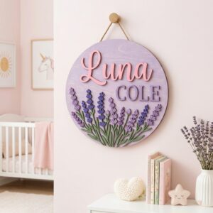 Personalized Wooden Name Sign For Nursery, Custom Lavender Wood Wall Decor For Kids Room, Baby Shower Gifts, Newborn Keepsake