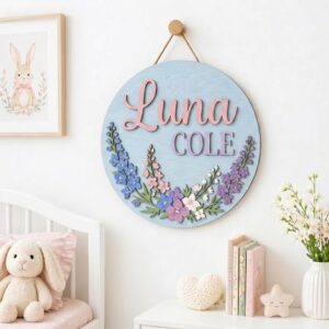 Personalized Wooden Name Sign For Nursery, Custom Pastel Wildflower Wood Wall Decor For Kids Room, Baby Shower Gifts, Newborn Keepsake
