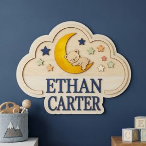 Personalized Wooden Name Sign For Nursery, Baby Shower Gifts, Newborn Keepsake, Custom Sleeping Bear Moon Stars Wood Wall Decor For Baby Boy Room