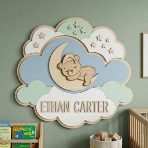 Personalized Wooden Name Sign For Nursery, Baby Shower Gifts, Newborn Keepsake, Sleeping Bear Cloud Moon Wall Decor Baby Room Custom Wood Plaque Gifts