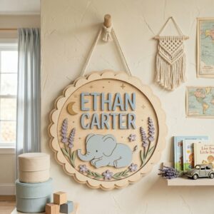 Personalized Wooden Name Sign For Nursery, Baby Shower Gifts, Newborn Keepsake, Custom Elephant Moon Floral Wood Wall Decor For Baby Boy Nursery