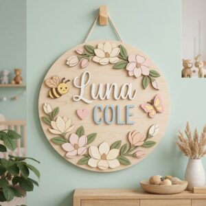 Personalized Wooden Name Sign For Nursery, Baby Shower Gifts, Newborn Keepsake, Custom Magnolia Floral Bee Wood Wall Decor For Baby Girl Nursery