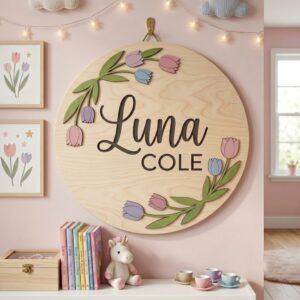 Personalized Wooden Name Sign For Nursery, Baby Shower Gifts, Newborn Keepsake, Custom Pink Tulip Floral Wood Wall Decor For Baby Girl Nursery
