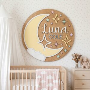 Personalized Wooden Name Sign For Nursery, Baby Shower Gifts, Newborn Keepsake, Moon Stars Round Wall Decor Baby Girl Room Custom Wood Plaque Art Gift