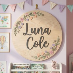 Personalized Wooden Name Sign For Nursery, Baby Shower Gifts, Newborn Keepsake, Pastel Floral Round Wall Decor Kids Room Custom Wood Plaque Decor