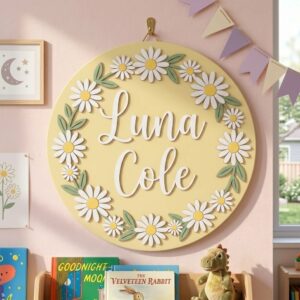 Personalized Wooden Name Sign For Nursery, Baby Shower Gifts, Newborn Keepsake, Custom Daisy Floral Wreath Wood Wall Decor For Baby Girl Nursery