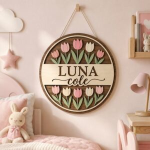 Personalized Wooden Name Sign For Nursery, Custom Pink Tulip Wood Wall Decor For Kids Room, Baby Shower Gifts, Newborn Keepsake
