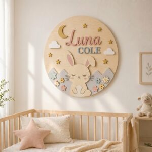 Personalized Wooden Name Sign For Nursery, Custom Bunny Moon Wood Wall Decor For Kids Room, Baby Shower Gifts, Newborn Keepsake