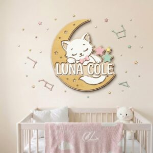 Personalized Wooden Name Sign For Nursery, Baby Shower Gifts, Newborn Keepsake, Custom Sleeping Cat Crescent Moon Wood Wall Decor For Baby Girl Room