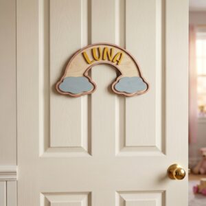 Personalized Wooden Name Sign For Nursery, Baby Shower Gifts, Newborn Keepsake, Rainbow Cloud Nursery Decor, Custom Wooden Name Plaque For Kids Room