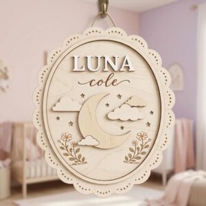 Personalized Wooden Name Sign For Nursery, Baby Shower Gifts, Newborn Keepsake, Custom Moon Clouds Floral Wood Wall Decor For Baby Girl Nursery Plaque