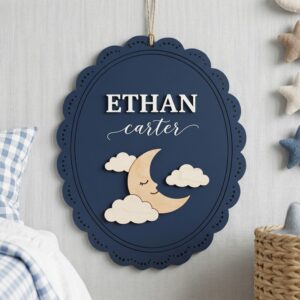 Personalized Wooden Name Sign For Nursery, Baby Shower Gifts, Newborn Keepsake, Custom Navy Moon Clouds Wood Wall Decor For Baby Boy Nursery, Wall Art