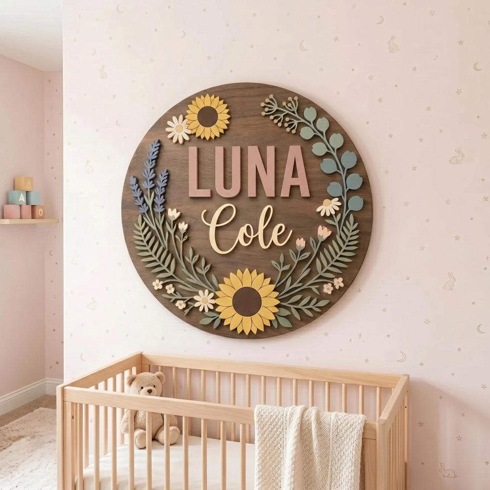 Personalized Wooden Name Sign For Nursery, Baby Shower Gifts, Newborn Keepsake, Sunflower Floral Dark Wood Wall Decor Baby Girl Room Plaque Sign