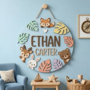 Personalized Wooden Name Sign For Nursery, Baby Shower Gifts, Newborn Keepsake, Custom Woodland Animals Monstera Wood Wall Decor For Boy Nursery