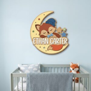 Personalized Wooden Name Sign For Nursery, Baby Shower Gifts, Newborn Keepsake, Custom Sleeping Fox Moon Stars Wood Wall Decor For Kids Room