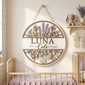 Personalized Wooden Name Sign For Nursery, Custom Lavender Wildflower Wood Wall Decor For Kids Room, Baby Shower Gifts, Newborn Keepsake