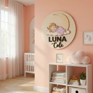 Personalized Wooden Name Sign For Nursery, Baby Shower Gifts, Newborn Keepsake, Custom Sleeping Girl Moon Cloud Wood Wall Decor For Girl Nursery
