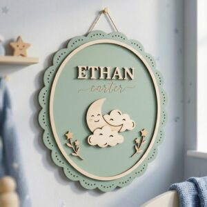 Personalized Wooden Name Sign For Nursery, Baby Shower Gifts, Newborn Keepsake, Custom Sage Moon Clouds Wood Wall Decor For Baby Boy Nursery, Wall Art