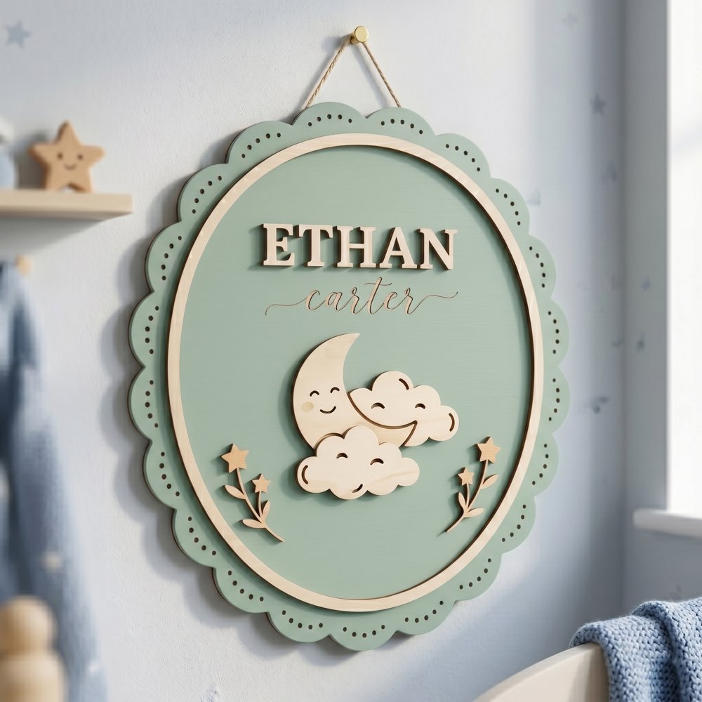 Personalized Wooden Name Sign For Nursery, Baby Shower Gifts, Newborn Keepsake, Custom Sage Moon Clouds Wood Wall Decor For Baby Boy Nursery, Wall Art