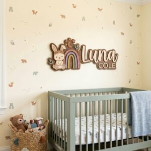Personalized Wooden Name Sign For Nursery, Baby Shower Gifts, Newborn Keepsake, Custom Bunny Rainbow Stars Wood Wall Decor For Baby Girl Nursery