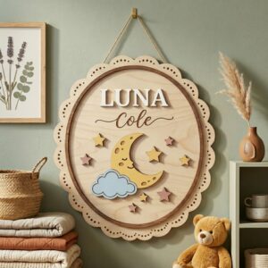 Personalized Wooden Name Sign For Nursery, Baby Shower Gifts, Newborn Keepsake, Custom Moon Clouds Stars Wood Wall Decor For Baby Girl Nursery