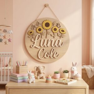 Personalized Wooden Name Sign For Nursery, Custom Sunflower Butterfly Wood Wall Decor For Kids Room, Baby Shower Gifts, Newborn Keepsake