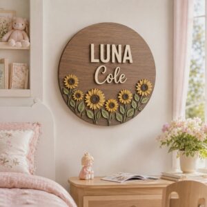 Personalized Wooden Name Sign For Nursery, Custom Sunflower Wood Wall Decor For Kids Room, Baby Shower Gifts, Newborn Keepsake