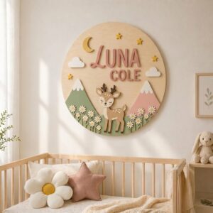 Personalized Wooden Name Sign For Nursery, Baby Shower Gifts, Newborn Keepsake, Custom Deer Mountain Daisy Wood Wall Decor For Baby Girl Nursery