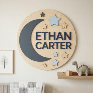 Personalized Wooden Name Sign For Nursery, Baby Shower Gifts, Newborn Keepsake, Moon Stars Round Wall Decor Baby Boy Room Custom Plaque Art Kids Decor