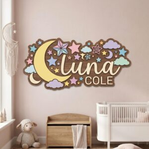 Personalized Wooden Name Sign For Nursery, Baby Shower Gifts, Newborn Keepsake, Colorful Moon Stars Clouds Decor Custom Girl Room Plaque Wall Art Gift