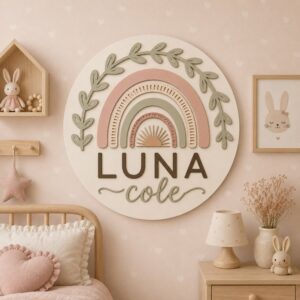 Personalized Wooden Name Sign For Nursery, Custom Boho Rainbow Wood Wall Decor For Kids Room, Baby Shower Gifts, Newborn Keepsake