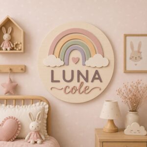 Personalized Wooden Name Sign For Nursery, Custom Pastel Rainbow Wood Wall Decor For Kids Room, Baby Shower Gifts, Newborn Keepsake