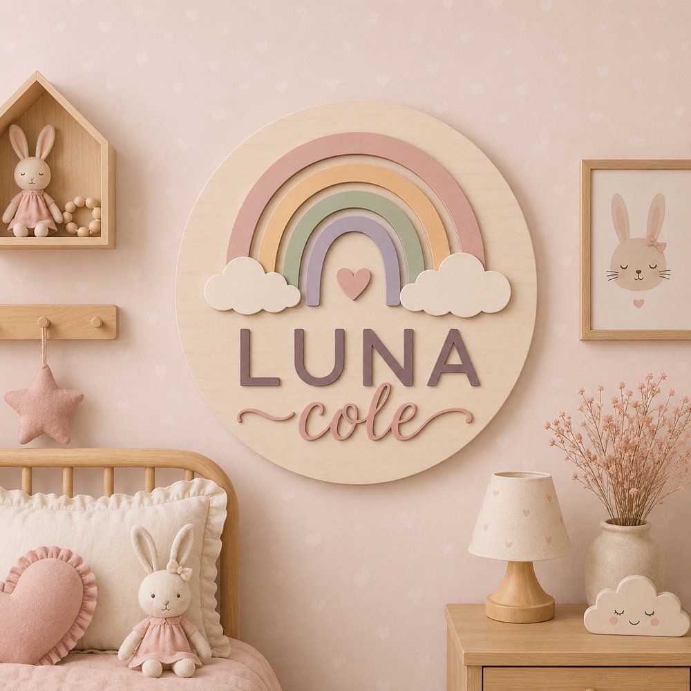 Personalized Wooden Name Sign For Nursery, Custom Pastel Rainbow Wood Wall Decor For Kids Room, Baby Shower Gifts, Newborn Keepsake
