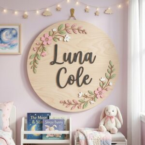 Personalized Wooden Name Sign For Nursery, Baby Shower Gifts, Newborn Keepsake, Floral Branch Round Wall Decor Baby Girl Room Custom Wood Plaque Decor
