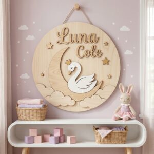 Personalized Wooden Name Sign For Nursery, Baby Shower Gifts, Newborn Keepsake, Swan Moon Wall Decor Baby Girl Room Custom Wood Plaque Gifts