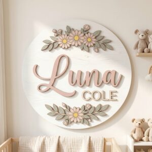 Personalized Wooden Name Sign For Nursery, Baby Shower Gifts, Newborn Keepsake, Custom Pink Daisy Floral Wood Wall Decor For Baby Girl Nursery