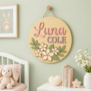 Personalized Wooden Name Sign For Nursery, Custom White Plumeria Wood Wall Decor For Kids Room, Baby Shower Gifts, Newborn Keepsake