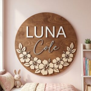 Personalized Wooden Name Sign For Nursery, Baby Shower Gifts, Newborn Keepsake, Custom Hibiscus Floral Wood Wall Decor For Baby Girl Nursery, Wall Art
