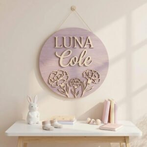 Personalized Wooden Name Sign For Nursery, Custom Purple Carnation Wood Wall Decor For Kids Room, Baby Shower Gifts, Newborn Keepsake