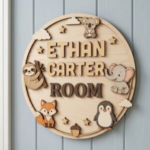 Personalized Wooden Name Sign For Nursery, Baby Shower Gifts, Newborn Keepsake, Safari Animal Room Wall Decor Kids Bedroom Custom Wood Plaque Gifts