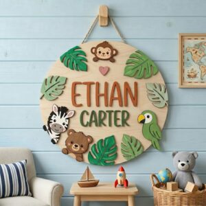 Personalized Wooden Name Sign For Nursery, Baby Shower Gifts, Newborn Keepsake, Custom Safari Jungle Animals Wood Wall Decor For Baby Boy Nursery Sign