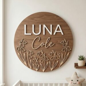 Personalized Wooden Name Sign For Nursery, Baby Shower Gifts, Newborn Keepsake, Bluebell Floral Dark Wood Wall Decor Kids Room Custom Plaque Gift