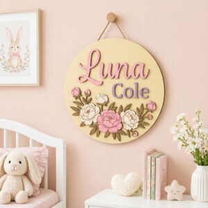 Personalized Wooden Name Sign For Nursery, Custom Pink Peony Wood Wall Decor For Kids Room, Baby Shower Gifts, Newborn Keepsake