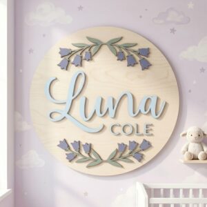 Personalized Wooden Name Sign For Nursery, Baby Shower Gifts, Newborn Keepsake, Bluebell Floral Round Wall Decor Kids Room Custom Wood Plaque