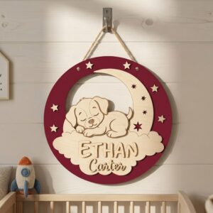 Personalized Wooden Name Sign For Nursery, Baby Shower Gifts, Newborn Keepsake, Custom Puppy Moon Stars Wood Wall Decor For Kids Room Round Plaque Art